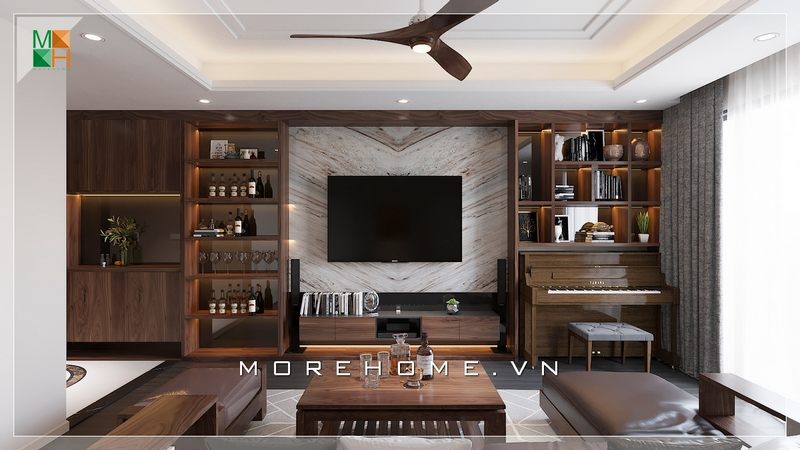 Phong cách hiện đại kết hợp nội thất gỗ óc chó đẹp, sang trọng lựa chọn ấn tượng cho các không gian phòng khách rộng cho căn hộ chung cư cao cấp